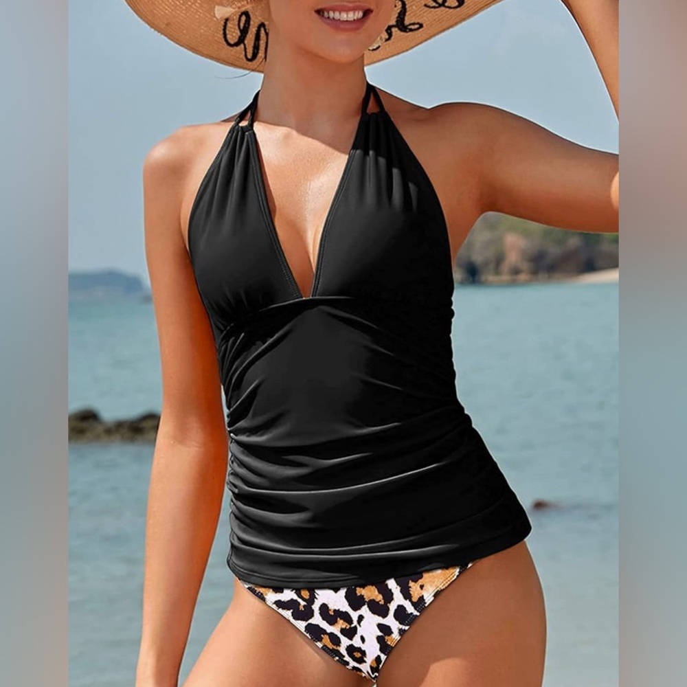Women's  Tummy Control Tankini Two Piece Swimsuit Halter V Neck Swimwear Size L